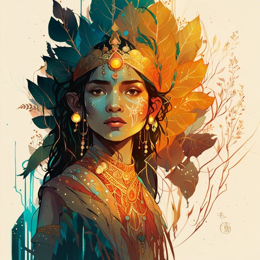 Luminous Indian Princess with Golden Outlines