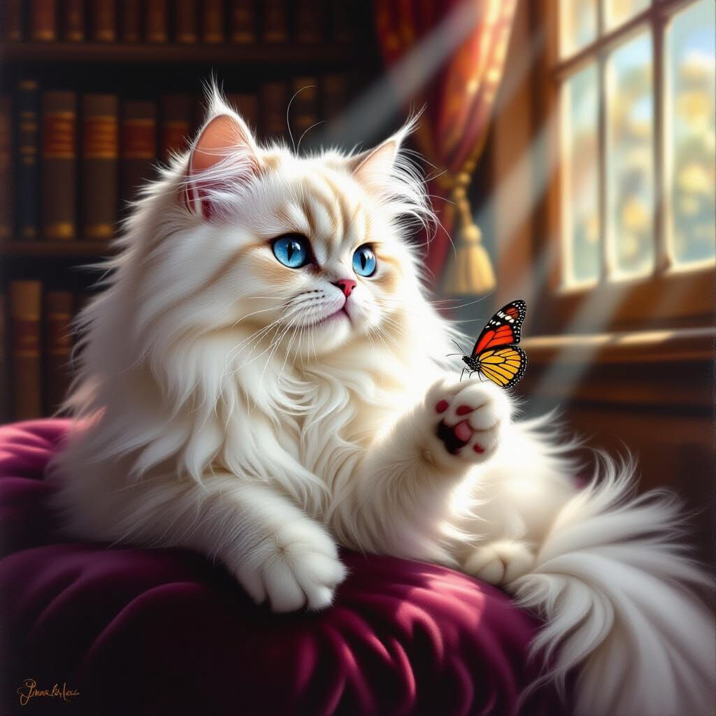 Persian Cat Gazes at Butterfly in Antique Library