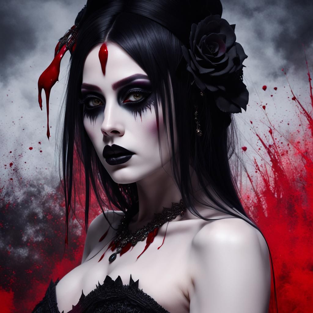 Goth Woman with Bloodied Face: Photorealistic Horror