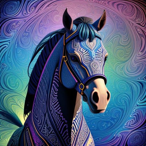 Elf Girl Rides Striped Horse in Fractal Art Style