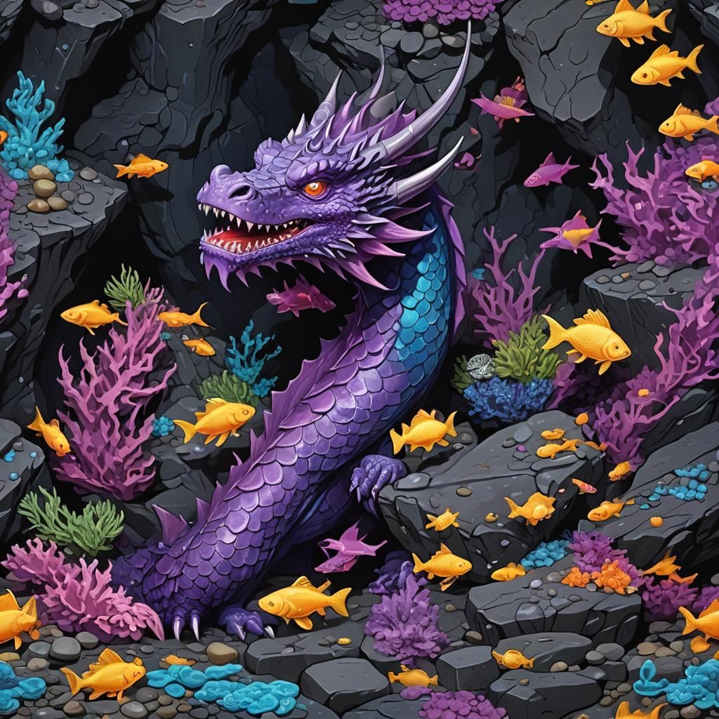 Black Dragon Hunting Fish in Dark Cave