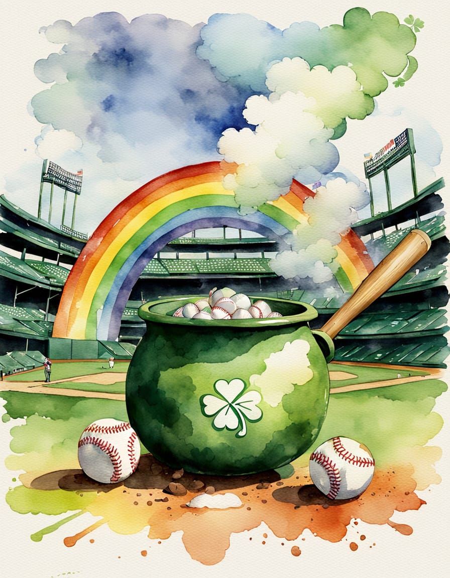 Whimsical Watercolor Baseball Scene at the End of the Rainbo...