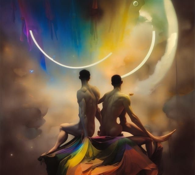 Celestial Lovers in Mixed Media Art Nouveau Style