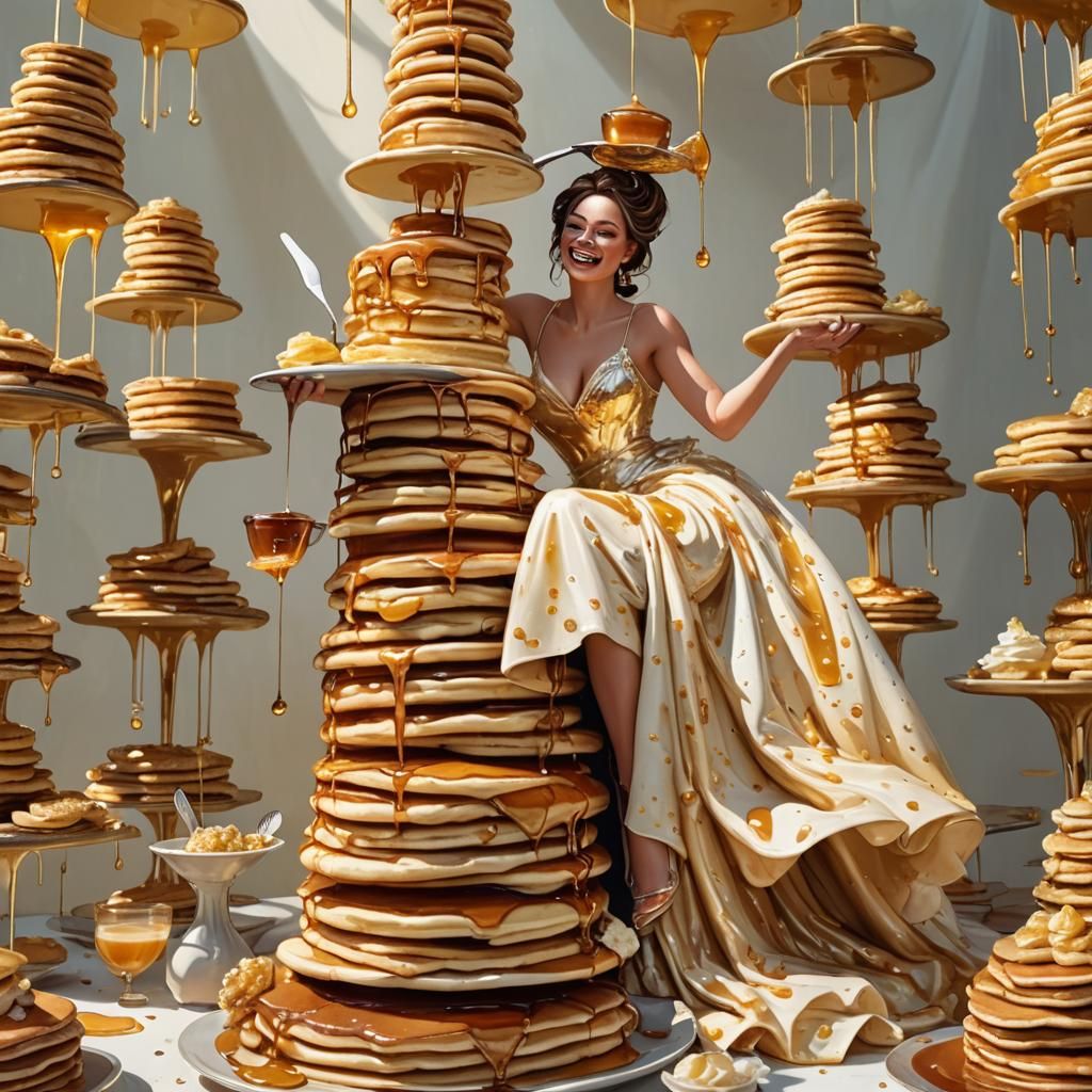 Glamorous Woman on Pancakes in Surreal Scene