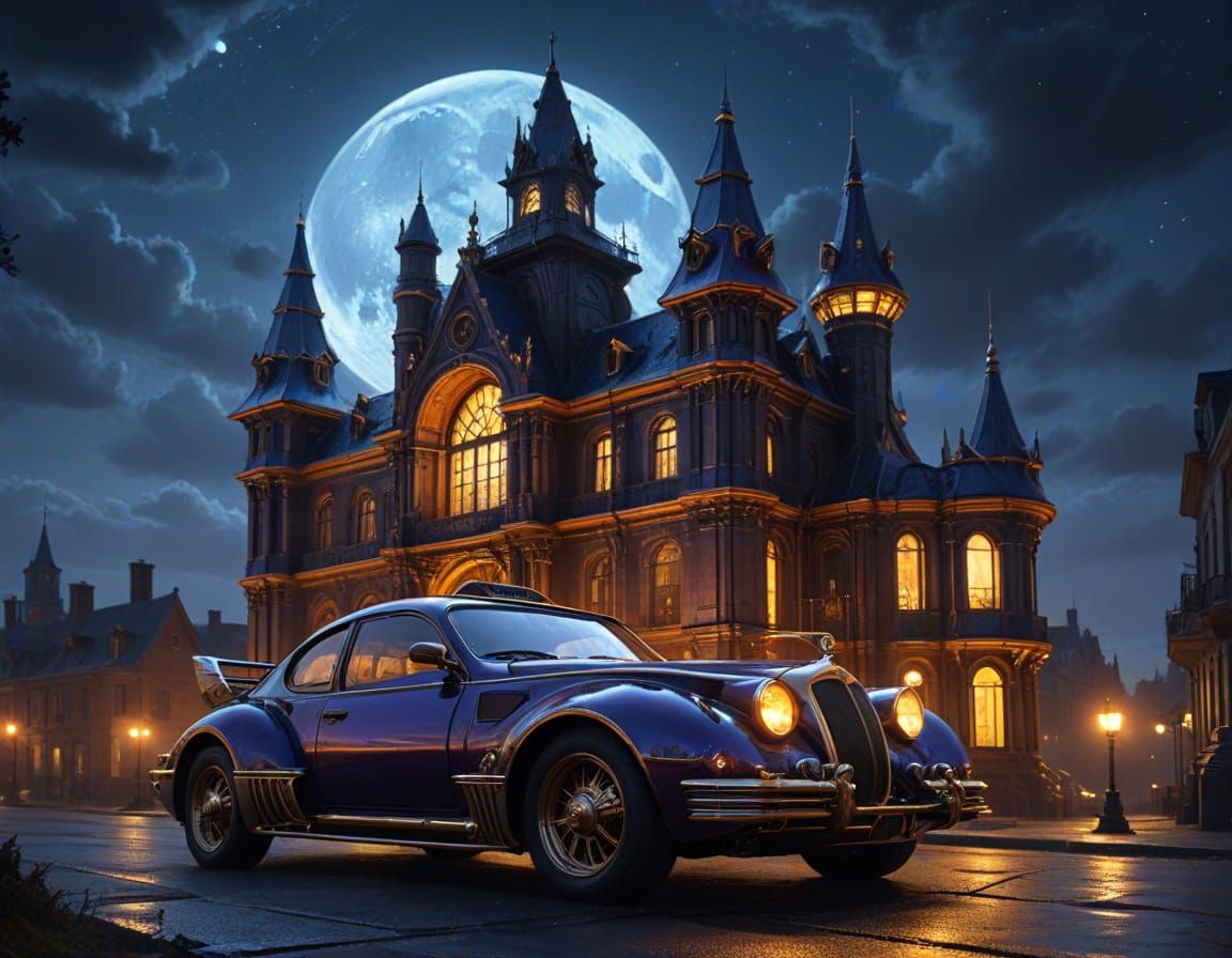 Baroque Steampunk Car Under Victorian Architecture