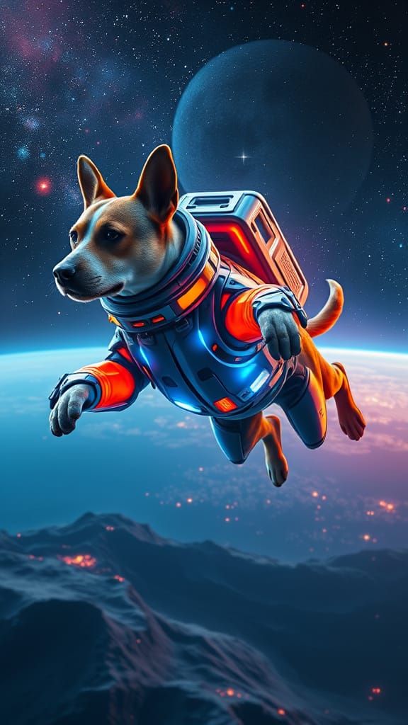 Glowing Space Dog in Futuristic Flight