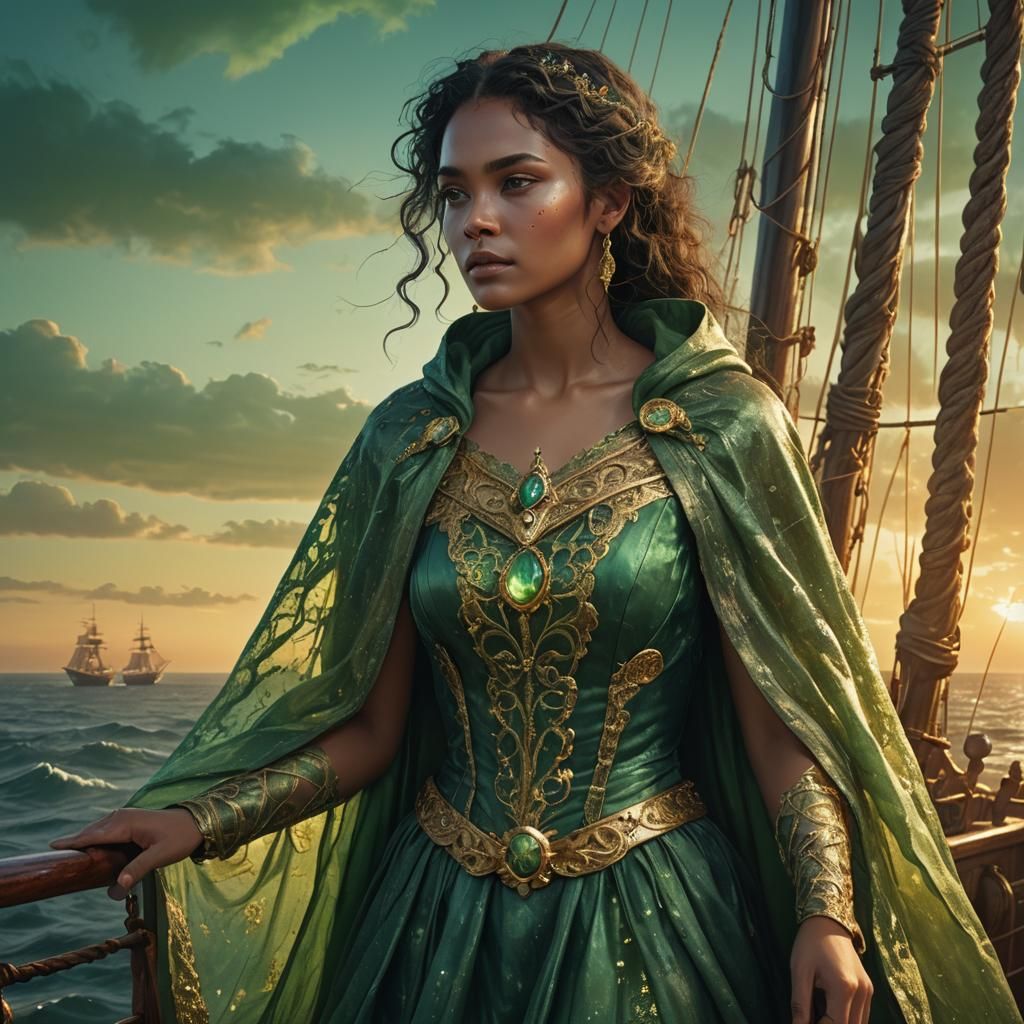 Green-Skinned Woman on Sailing Ship at Sunset