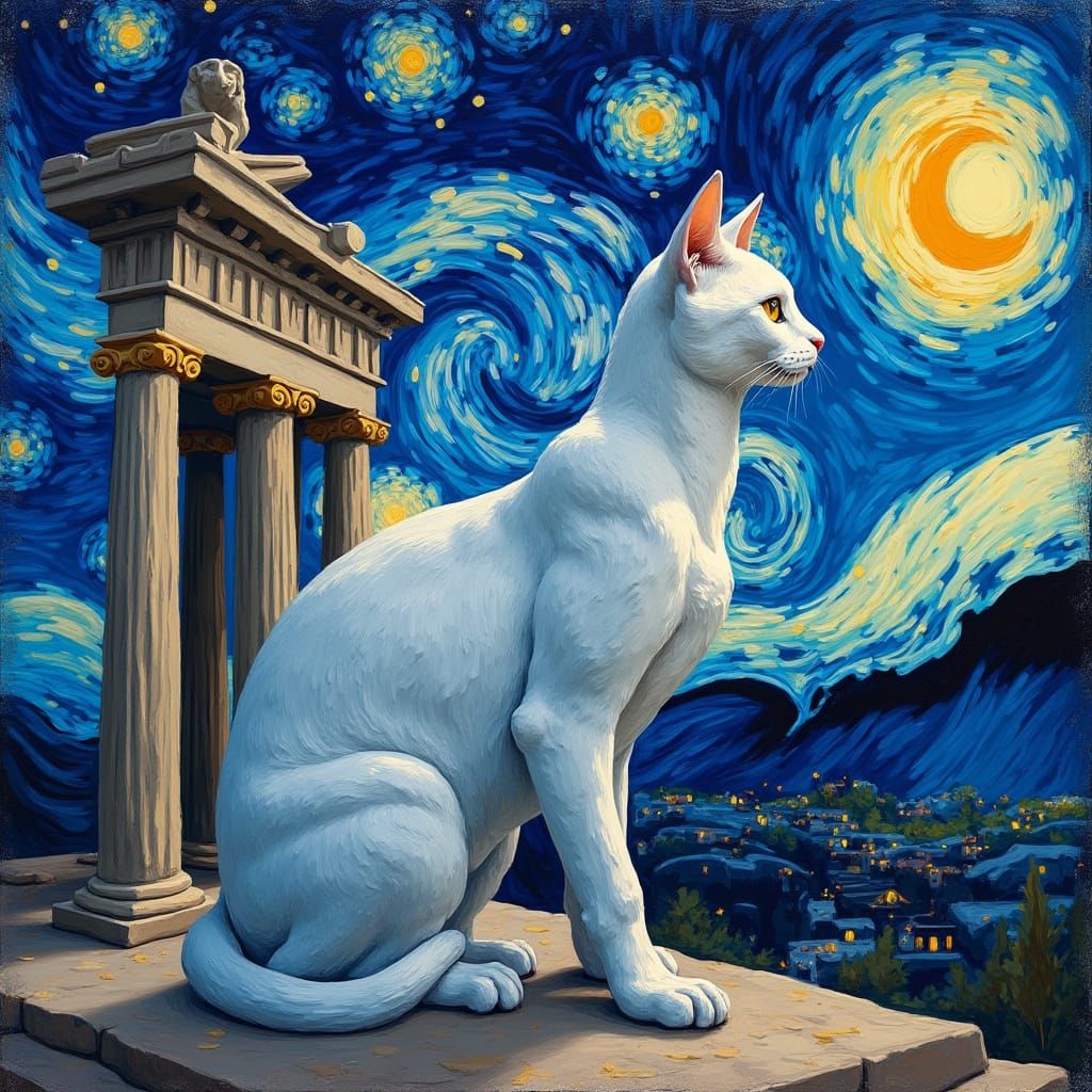 Marble Cat Statue in Van Gogh Style at Greek Temple