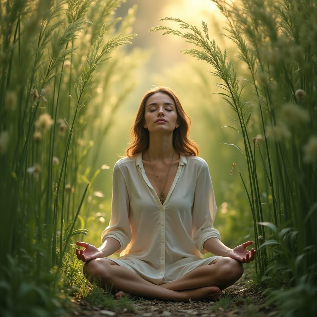 Meditative Woman Surrounded by Greenery in Concept Art Style