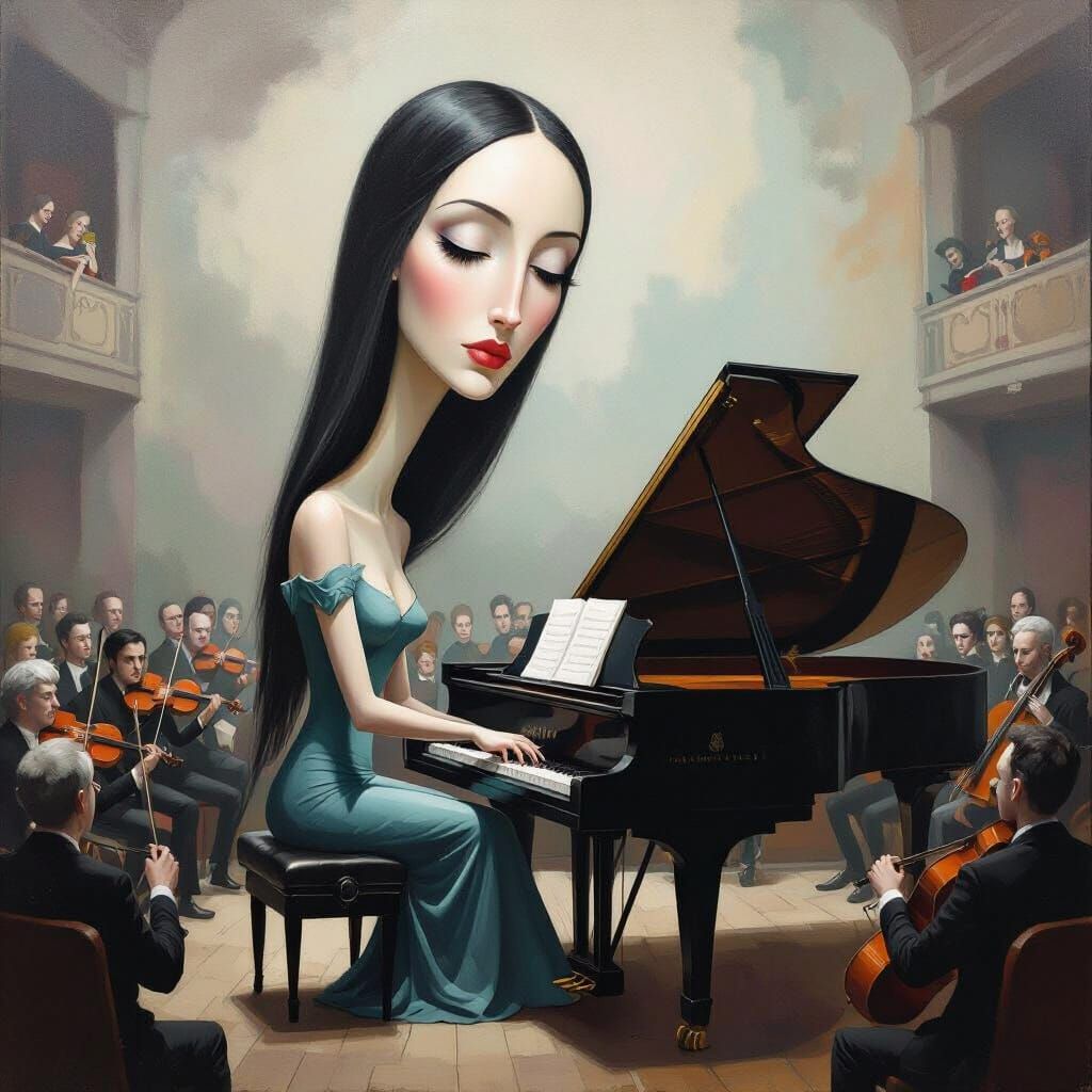 Surreal Female Pianist Before Strange Audience
