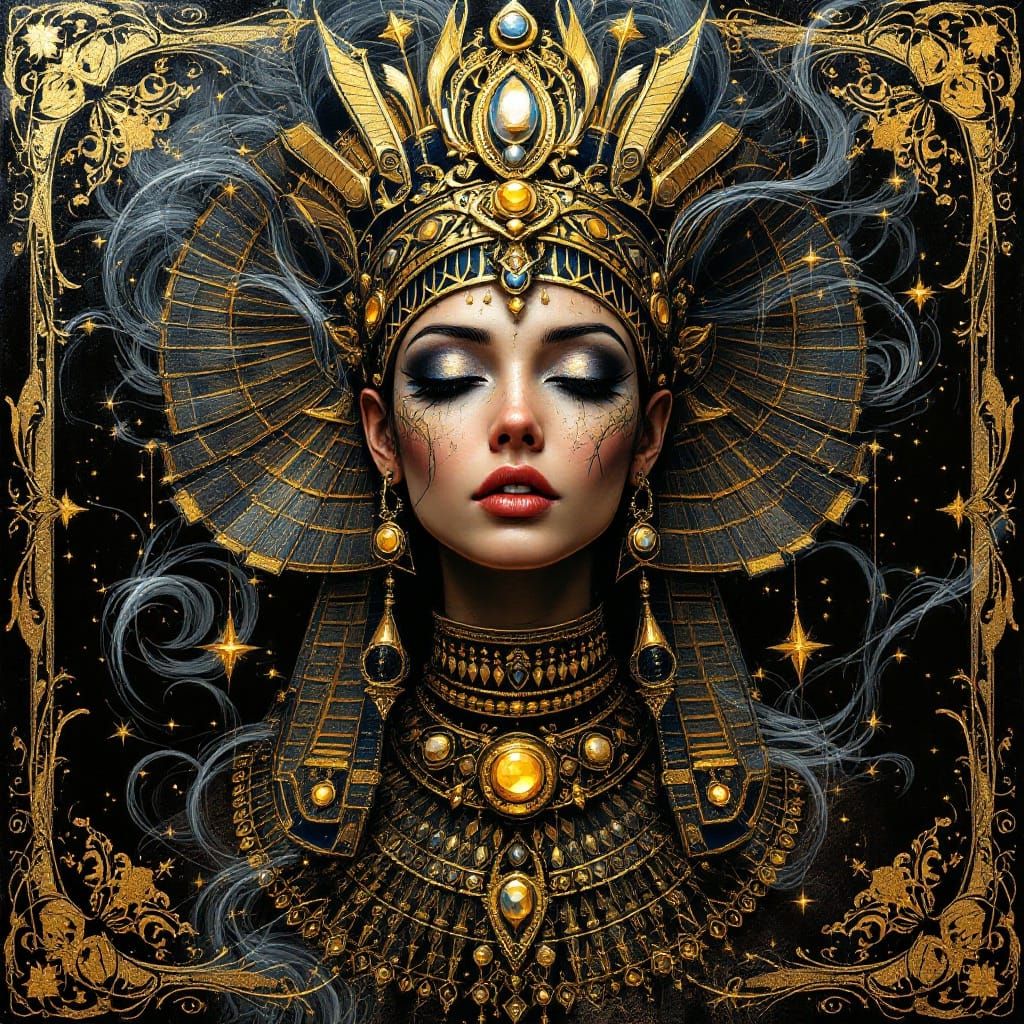 Egyptian Goddess Amidst Swirling Gold and Silver Ink