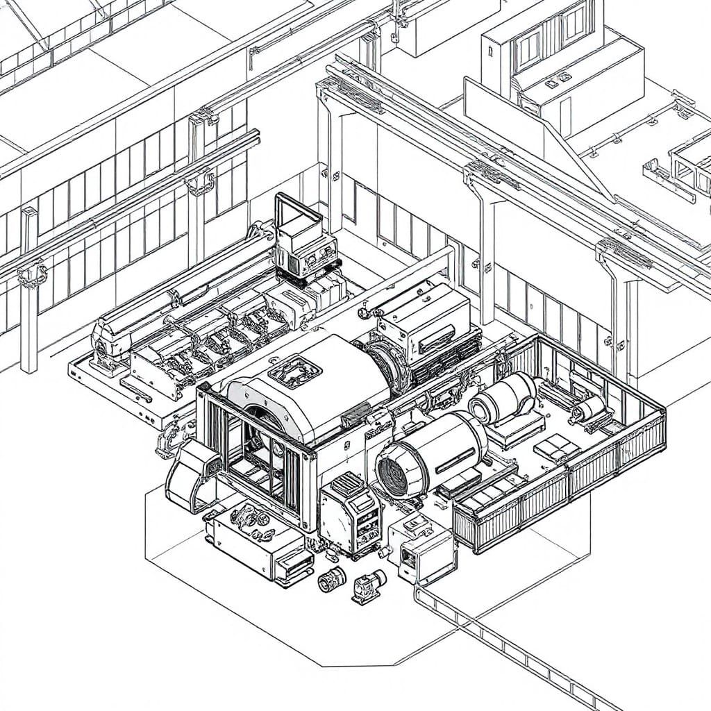 Axonometric View of Manufacturing Facility in Line Art