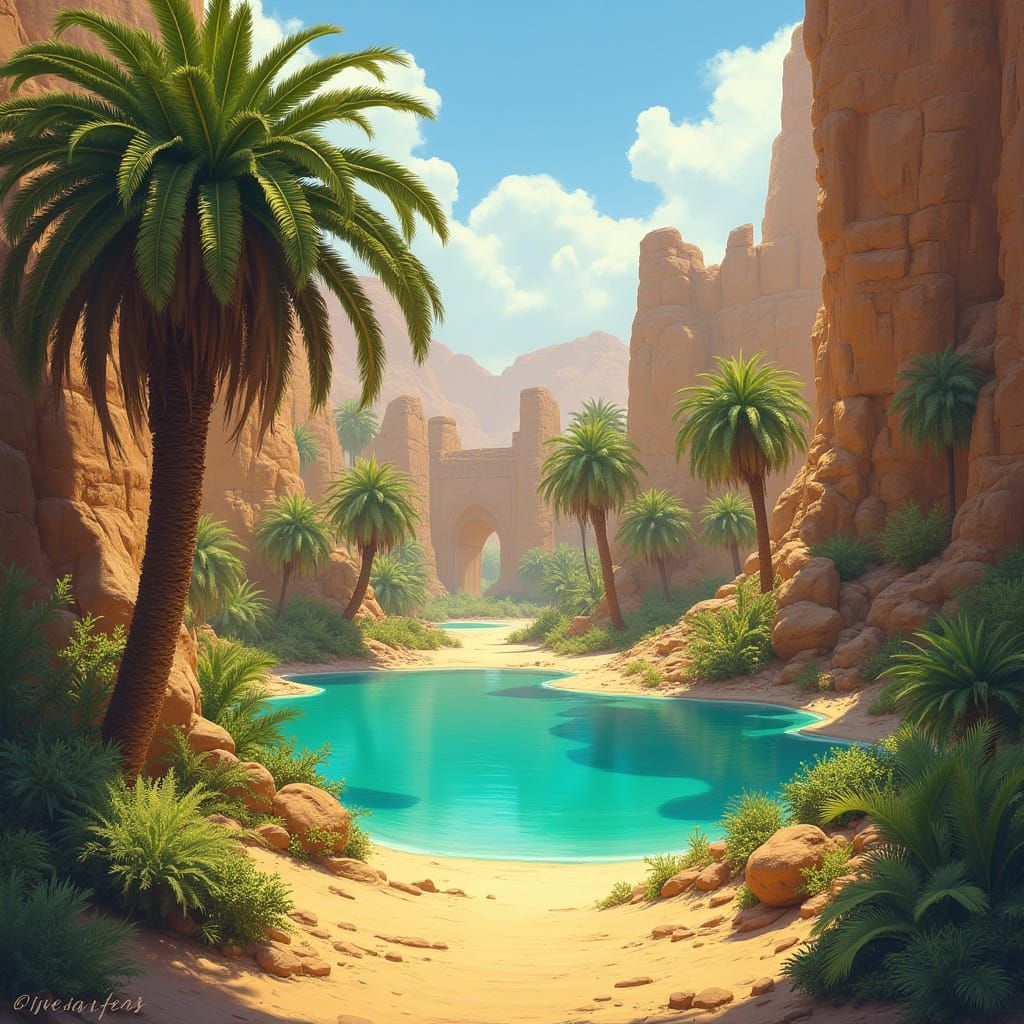 Desert Oasis with Turquoise Lake, Painterly Style