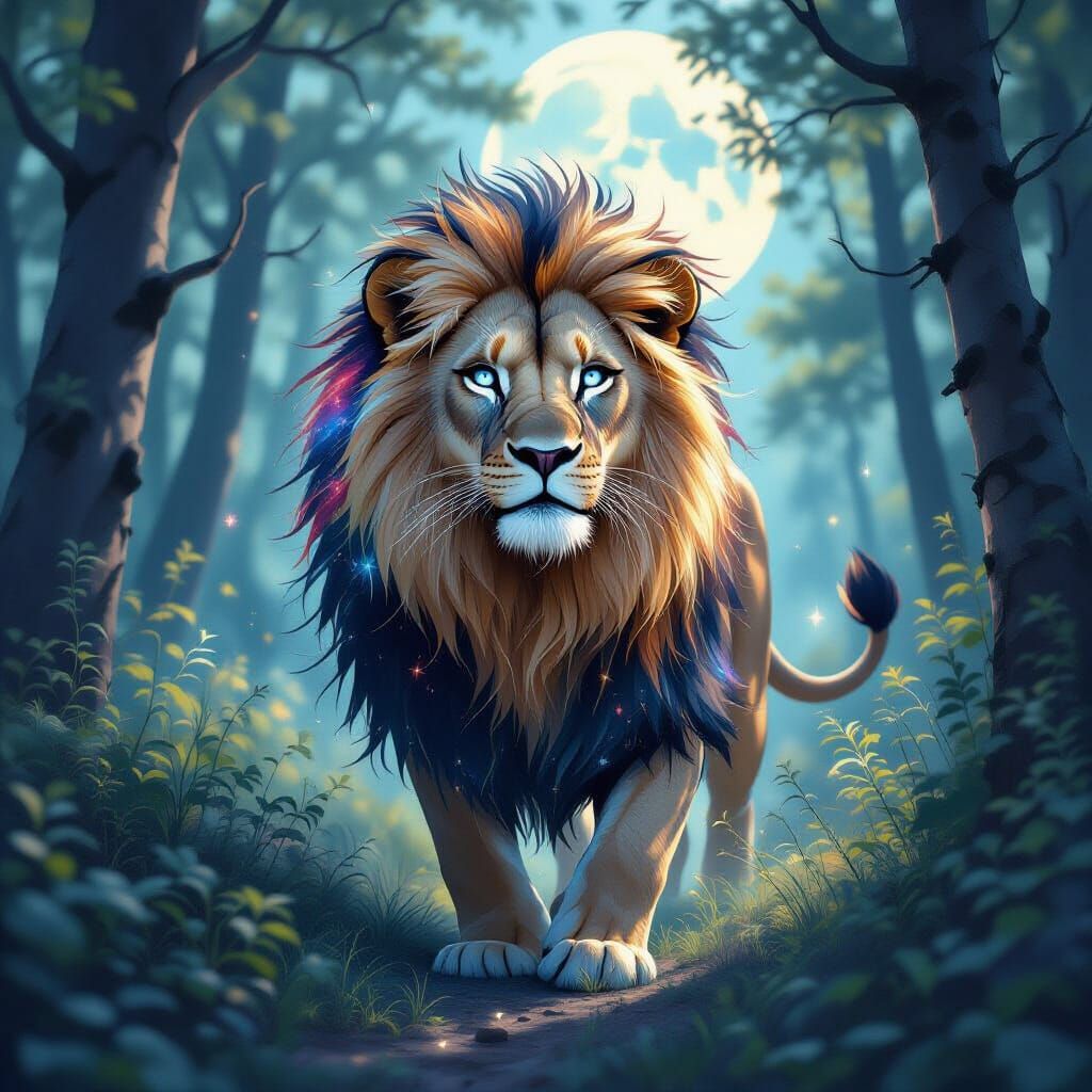 Celestial Lioness Prowling Crystalline Forest in Digital Art...