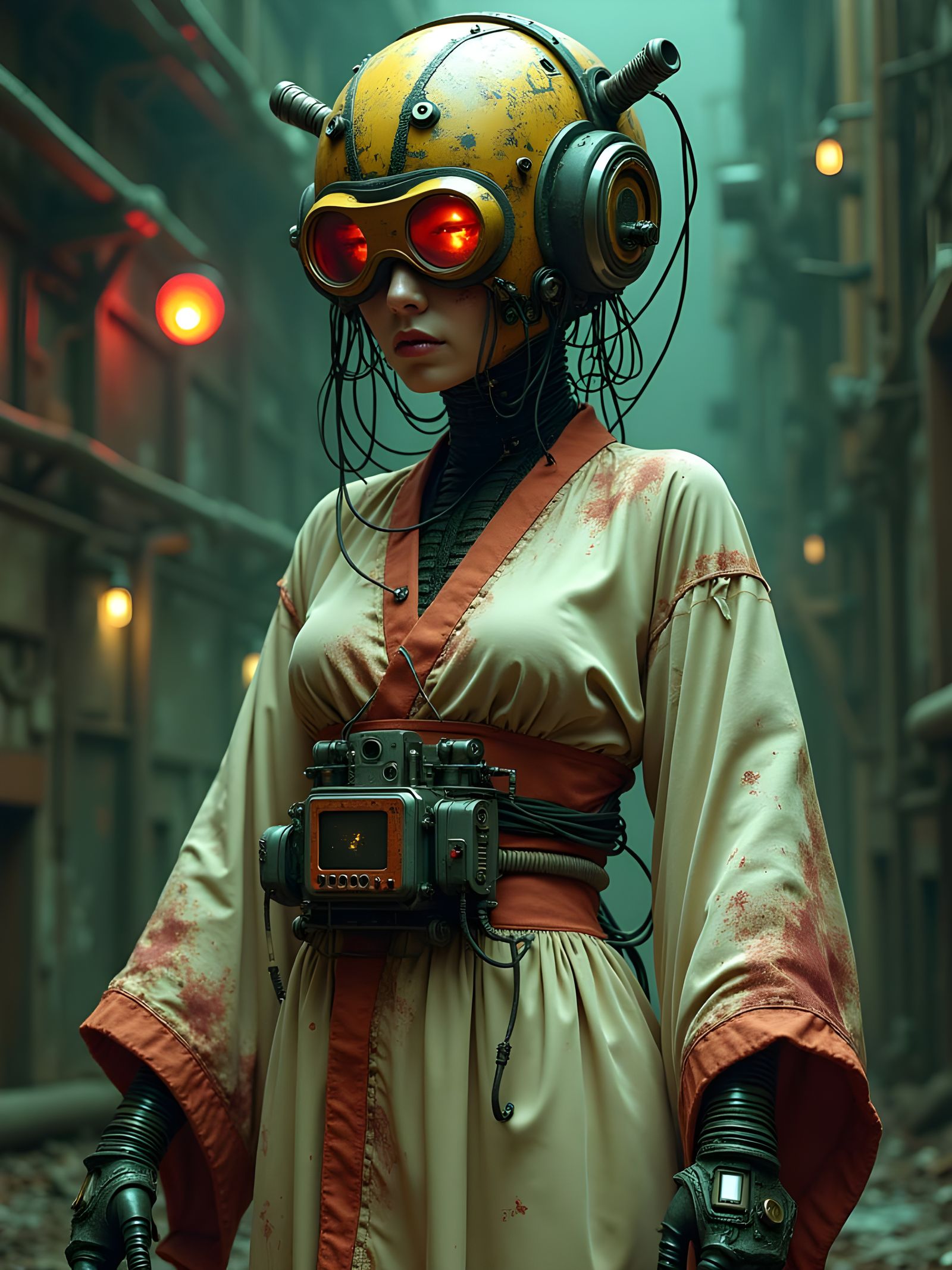 Cybernetic Woman in Industrial Ruin, Concept Art Style