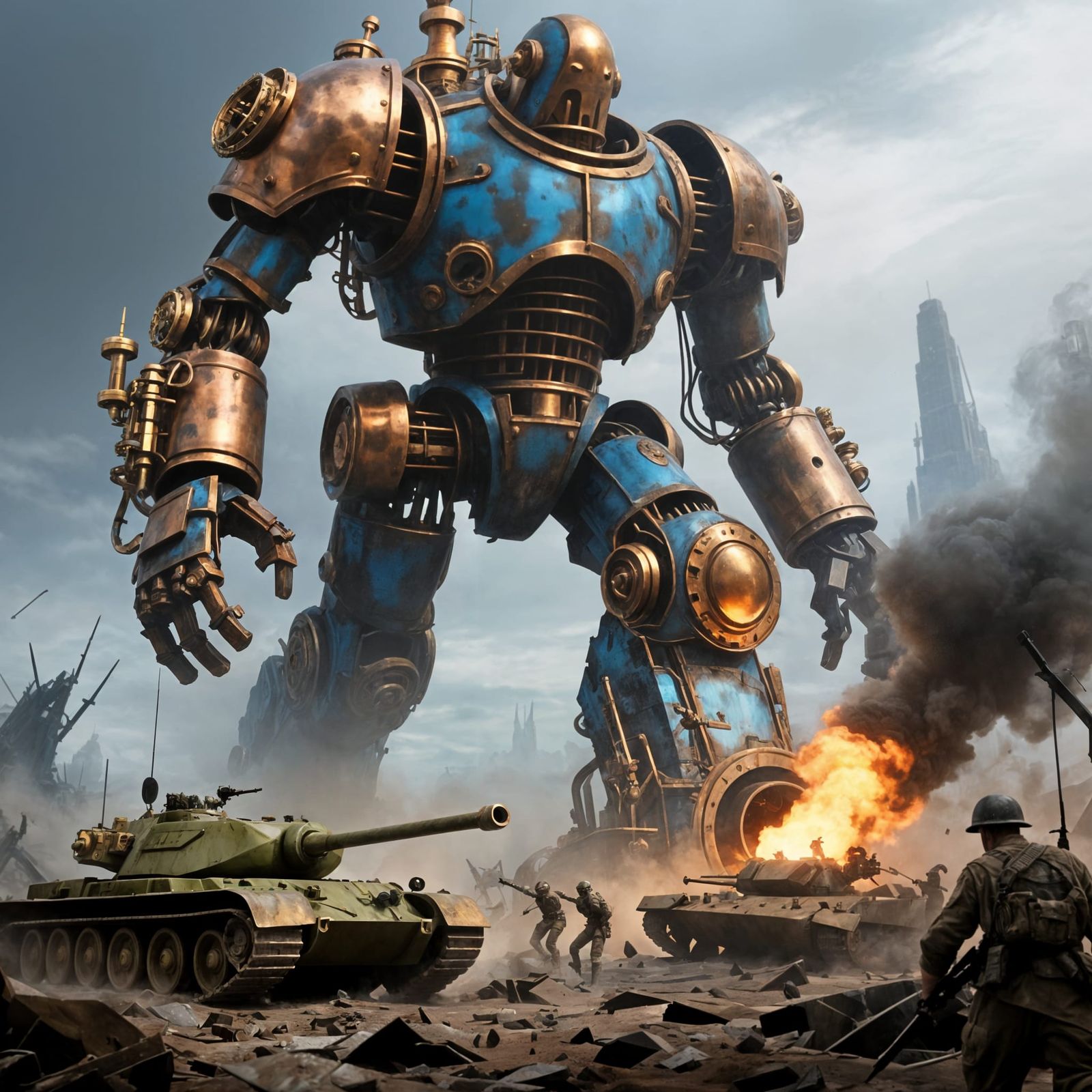 Colossal Steampunk Golem Tramples Battlefield in Digital Pai...