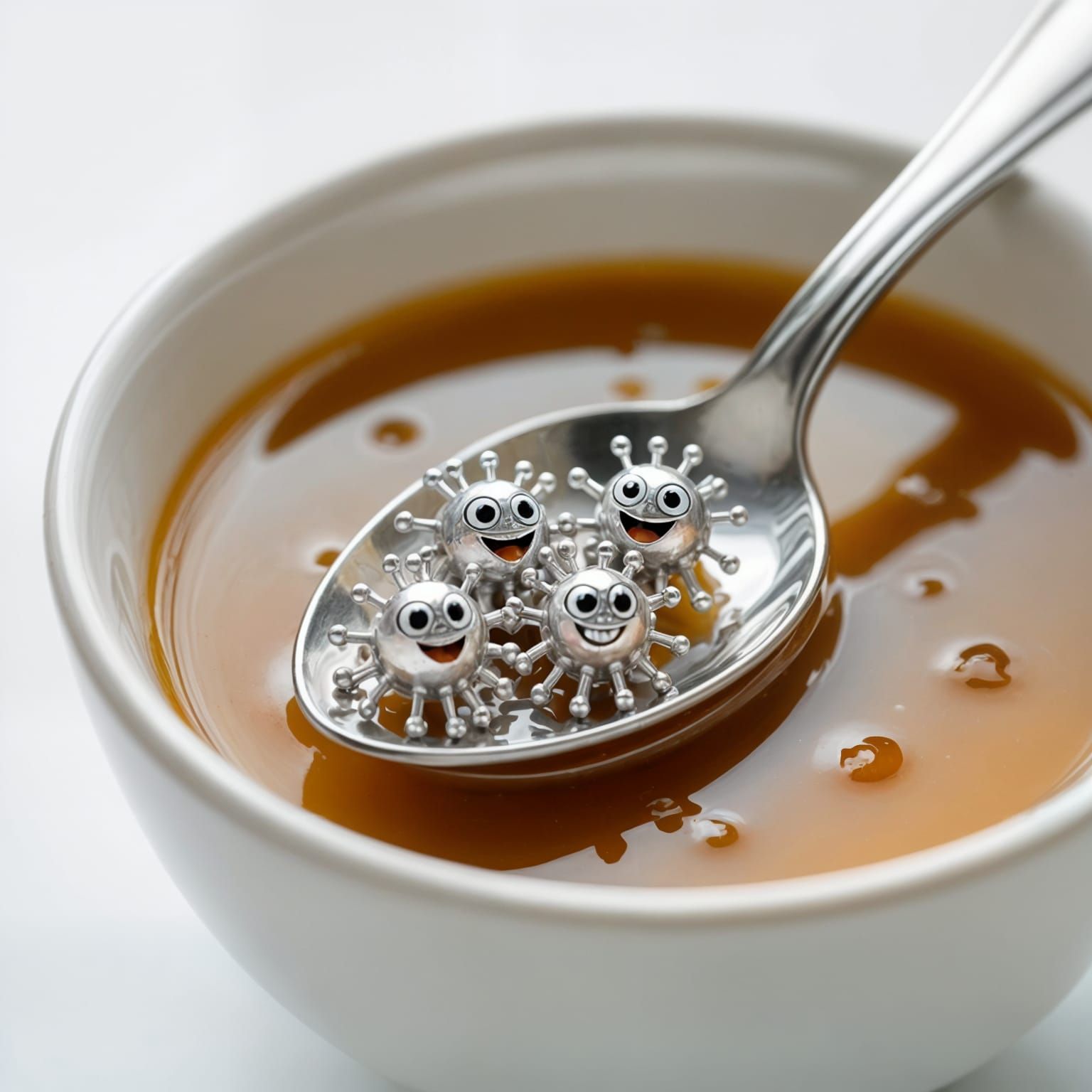 Hyperrealistic Silver Spoon and Soup Bowl with Microbes