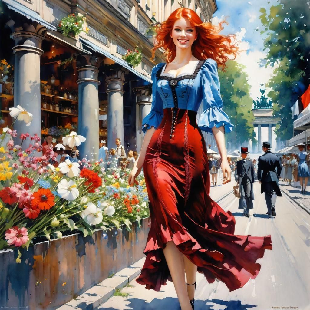 Victorian Girl Walking in Berlin: Splash Art Style