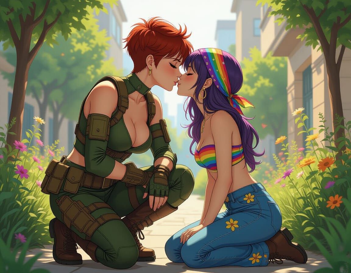 Soldier and Hippie Embrace in City Garden