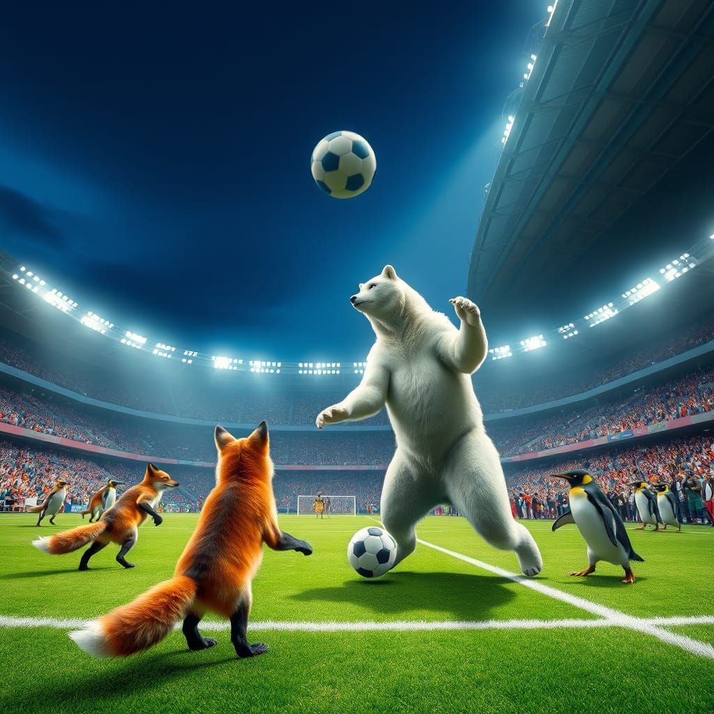 Surreal Animal Soccer Game in Packed Stadium