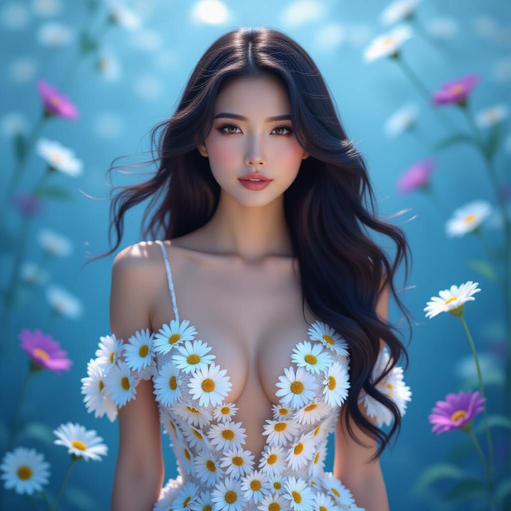 Beautiful Japanese Woman in Daisy Dress: Hyperrealistic Port...