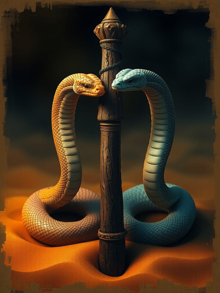 Warm and Cold Snakes Coiled Around Staff