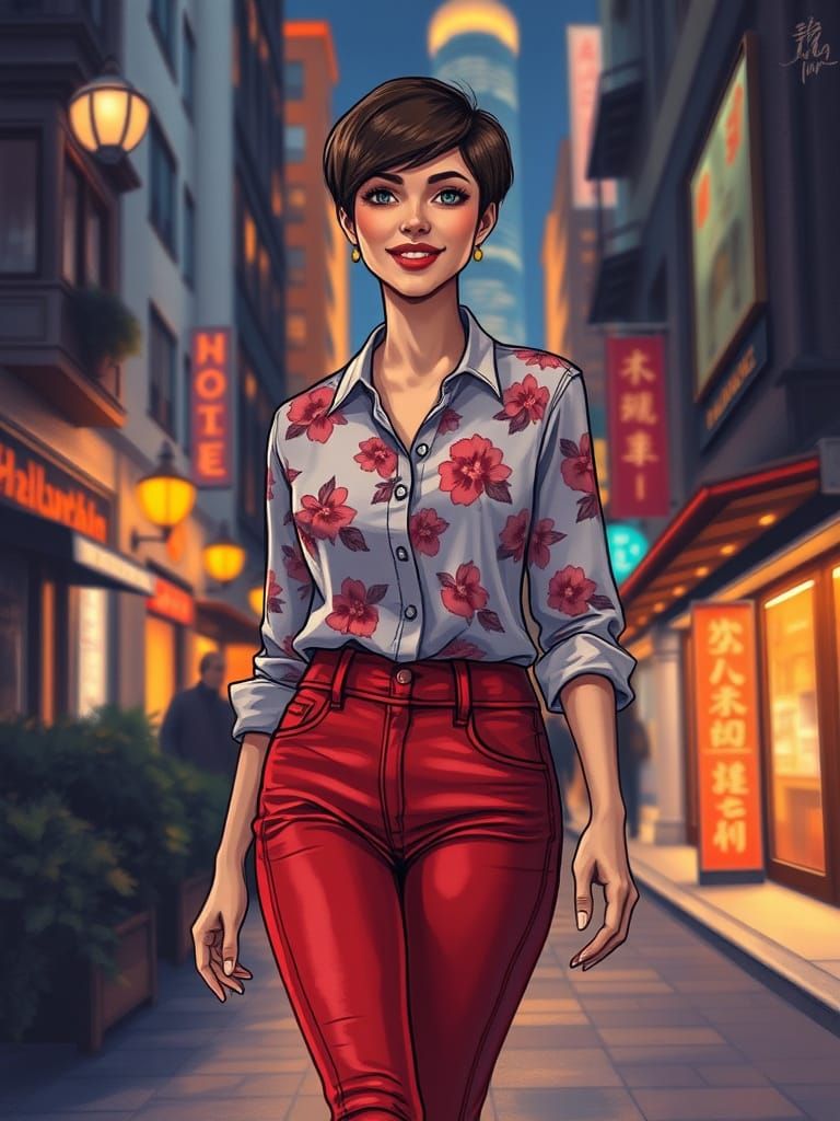 Brunette Woman Walking in City, Art Nouveau Style