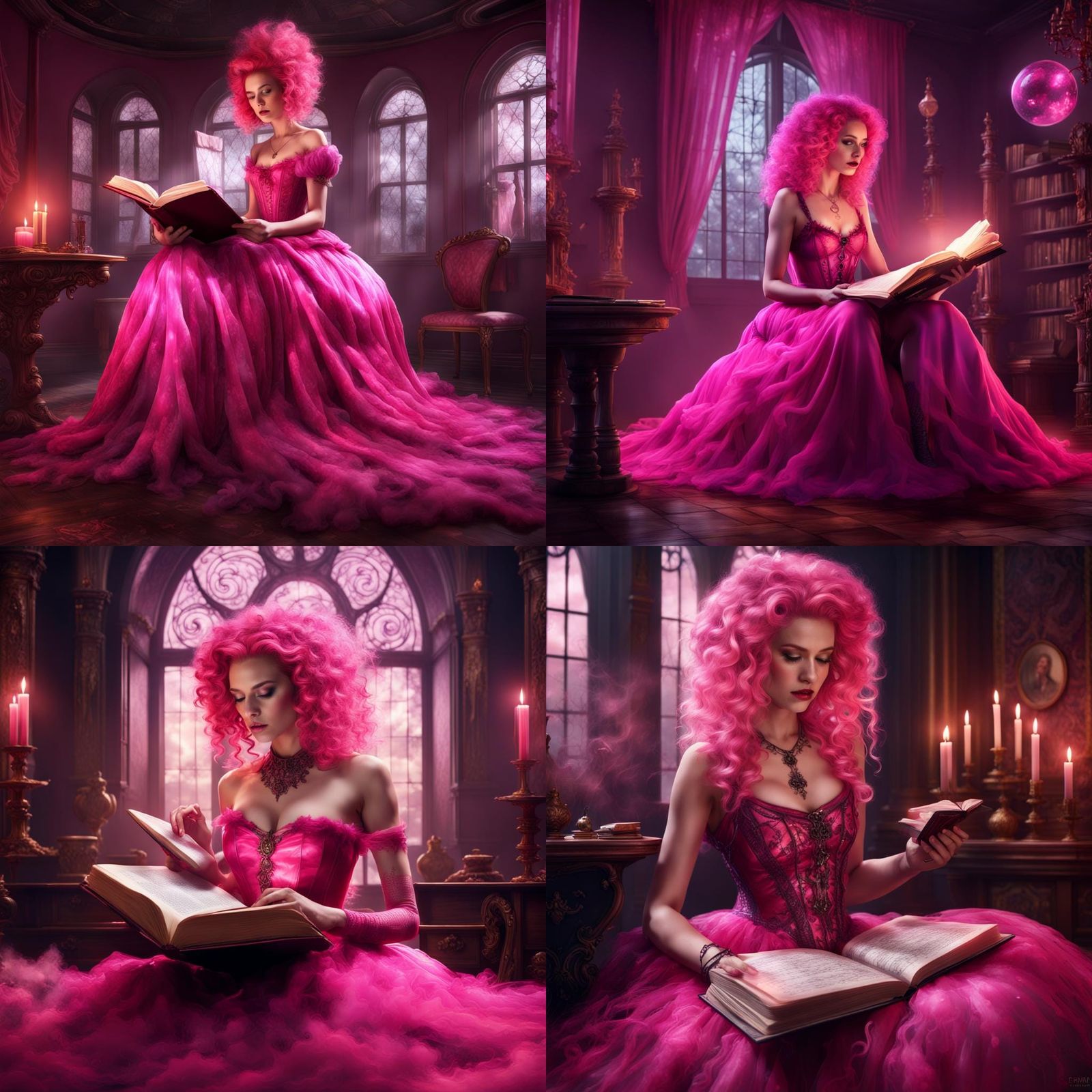 Fantastical Figure Reading Spellbook with Floating Runes