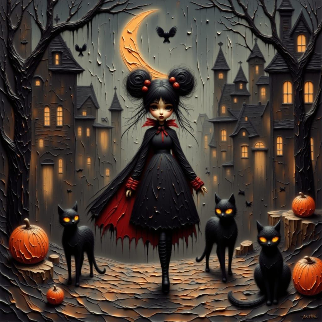 Vampire Girl With Black Cats on Cobblestone Street