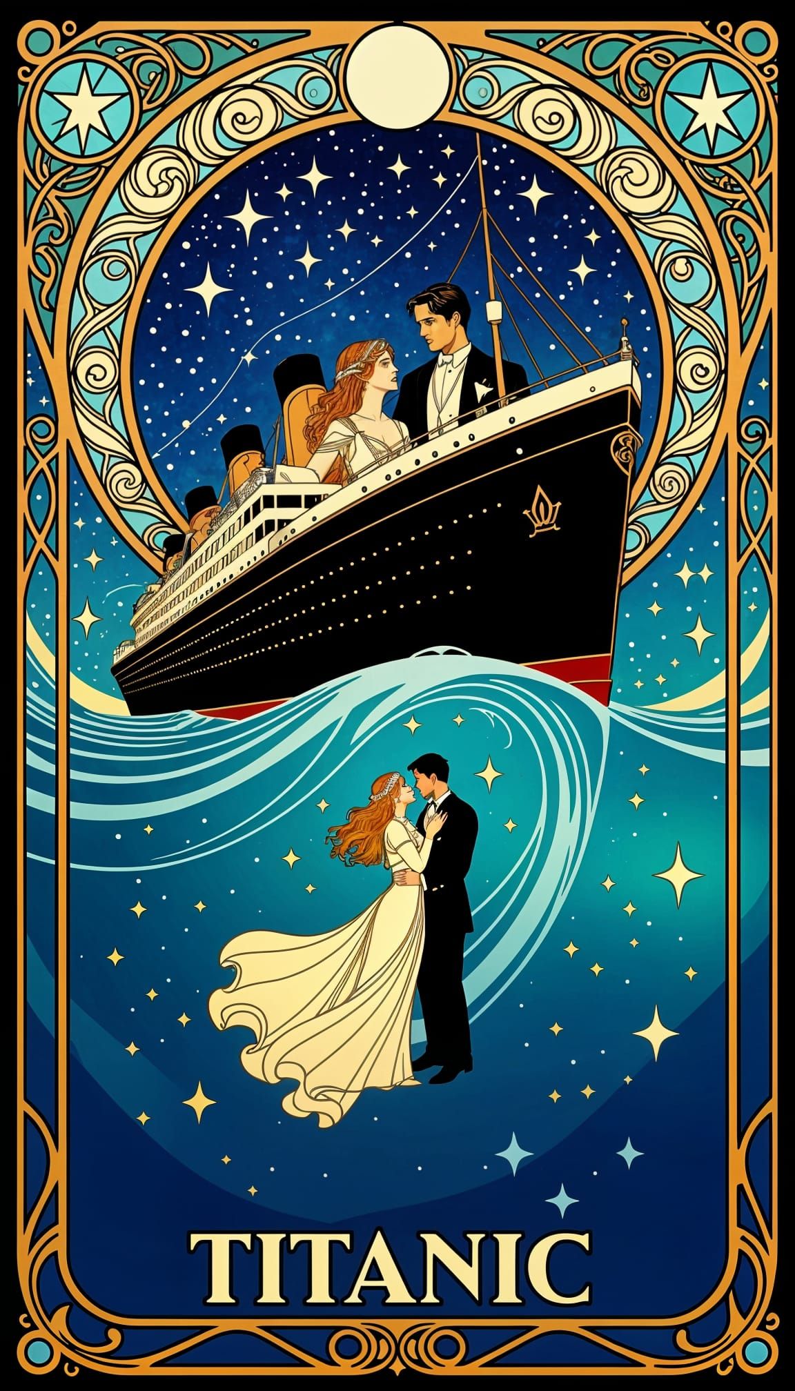 Titanic as Art Nouveau Poster with Cosmic Sea