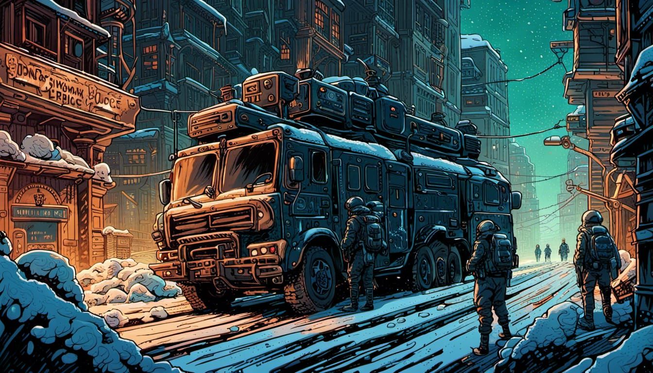 Dystopian Snowbound City Patrol: Dark Fantasy Masterpiece