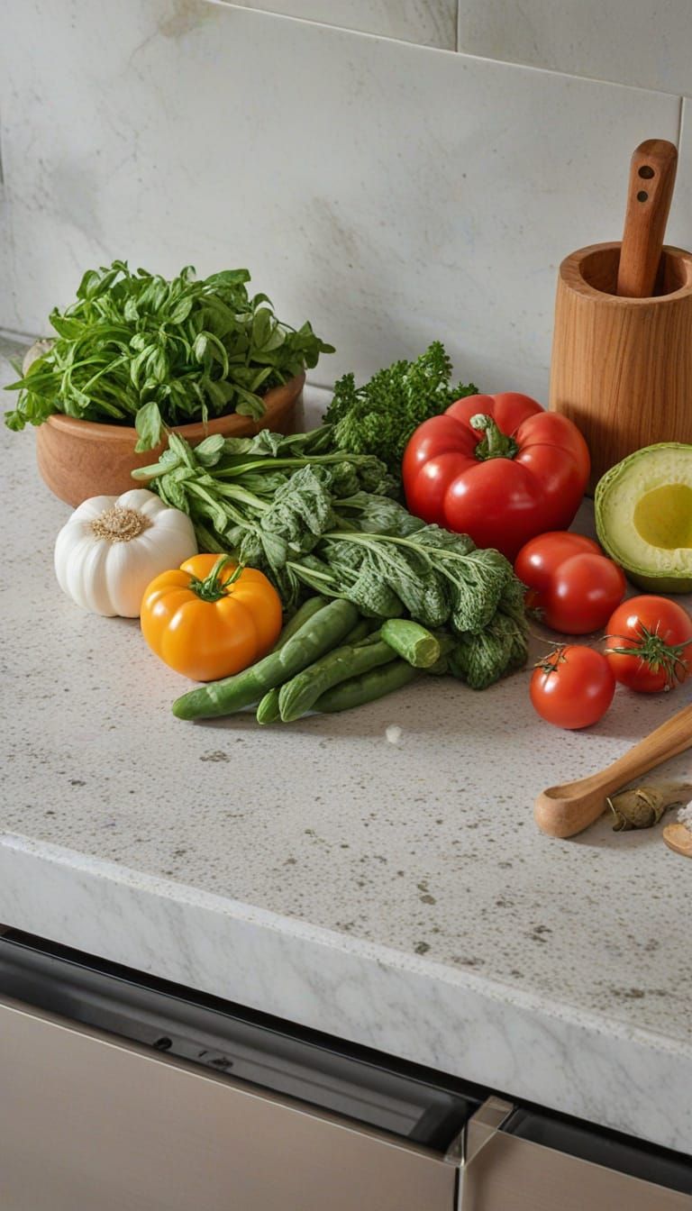 Fresh Vegetables and Herbs on a Kitchen Countertop