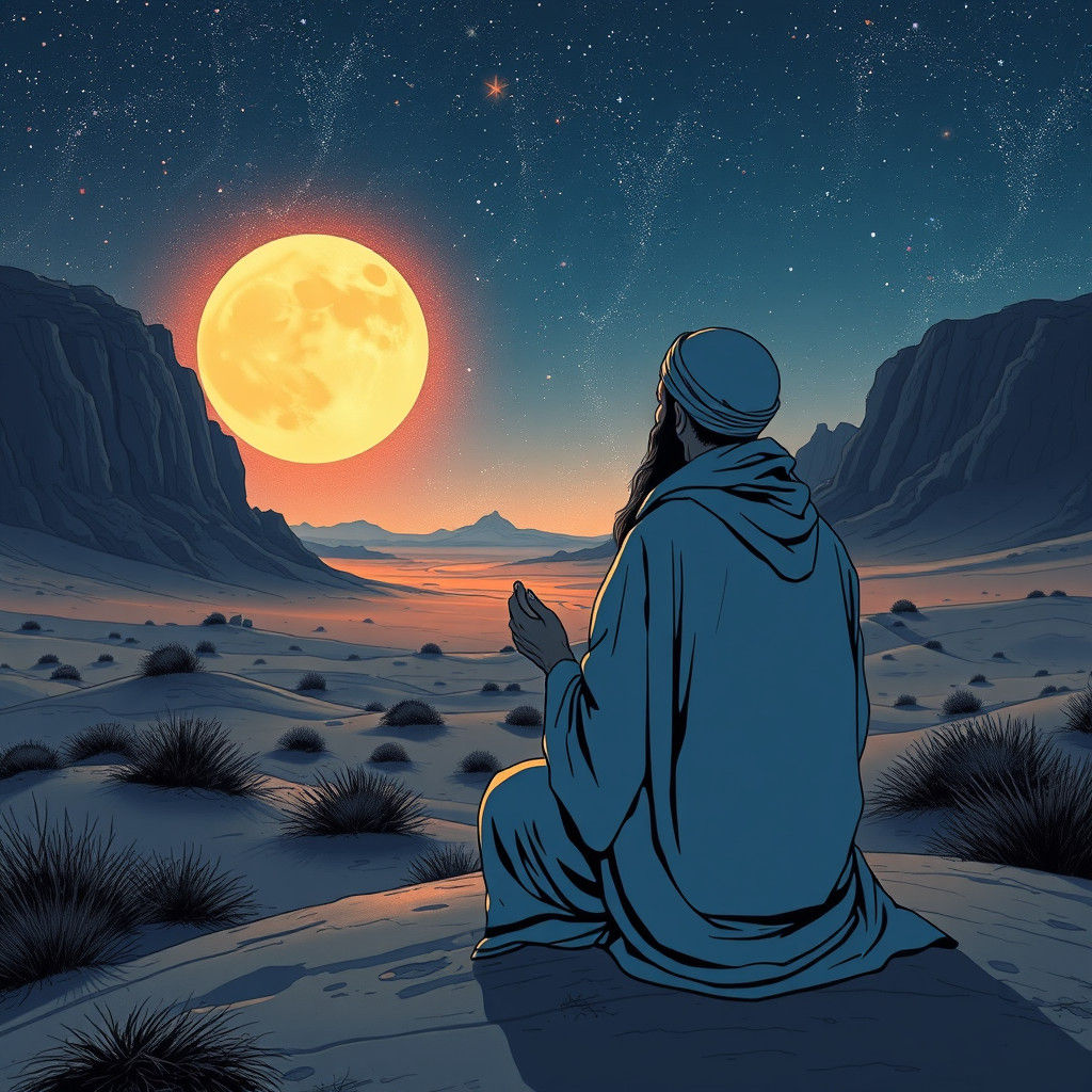 Muslim Prayer in Desert Night: Comic Book Art