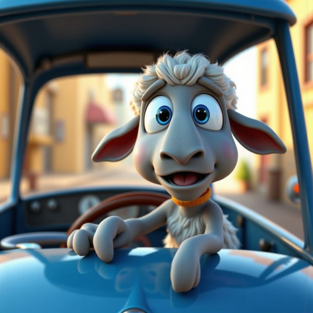 Nervous Cartoon Sheep Driving Car in Pixar Style