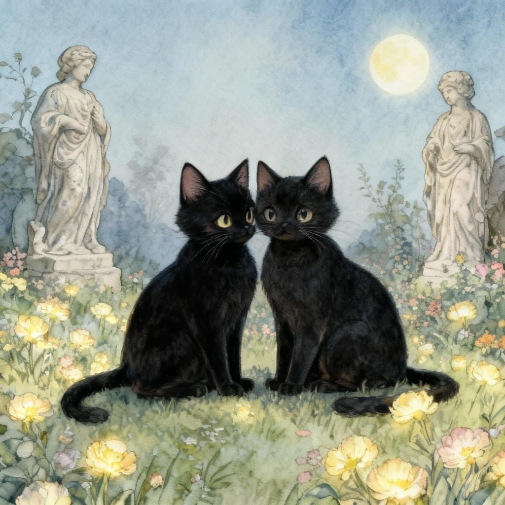 Two Cats in Moonlit Garden as Watercolor Illustration