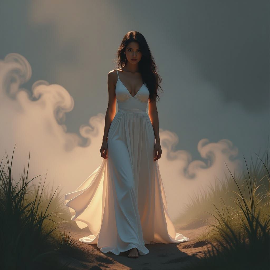 Woman in White Dress in Misty Darkness