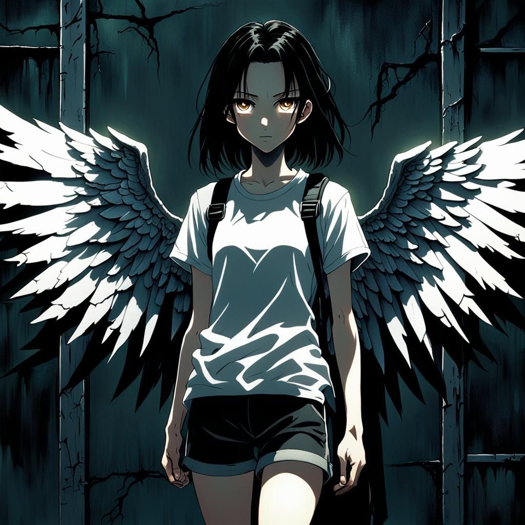 Dark Anime Illustration of Pale Girl with Angel Wings