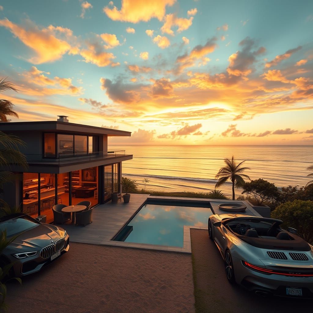 Surreal Coastal Retreat in Makoto Shinkai's Whimsical Style