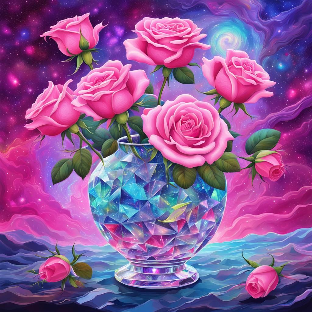 Pink Roses in Crystal Vase, Holographic Astral Illustration