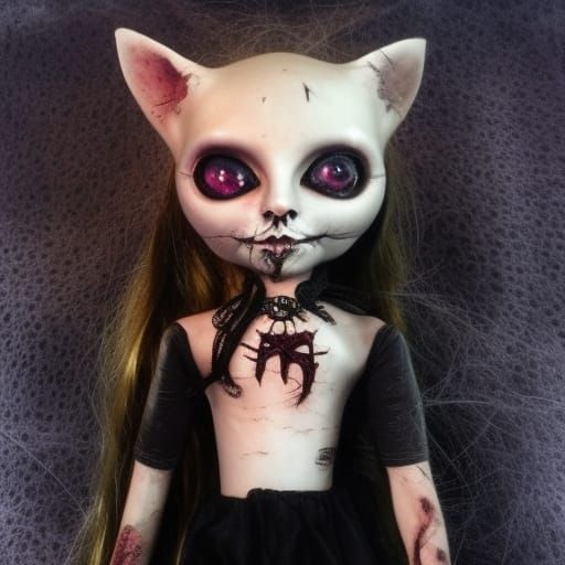 Creepy Voodoo Cat Doll in Dark Academia Style