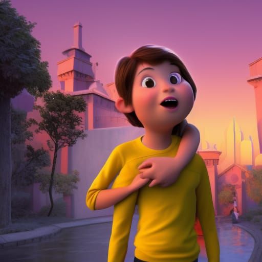 Boy Touching Girl: 3D Digital Art in Pixar Style