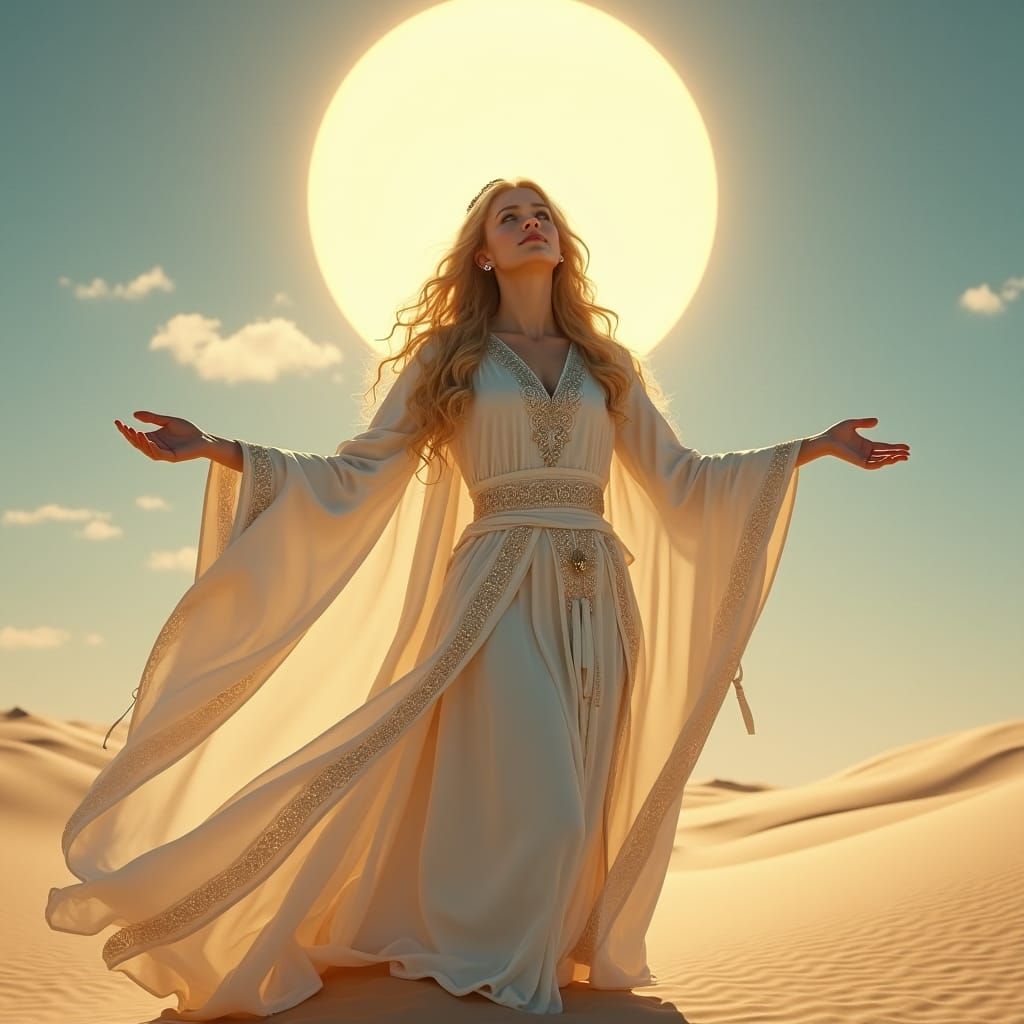 Priestess in Desert with Golden Light, Digital Art