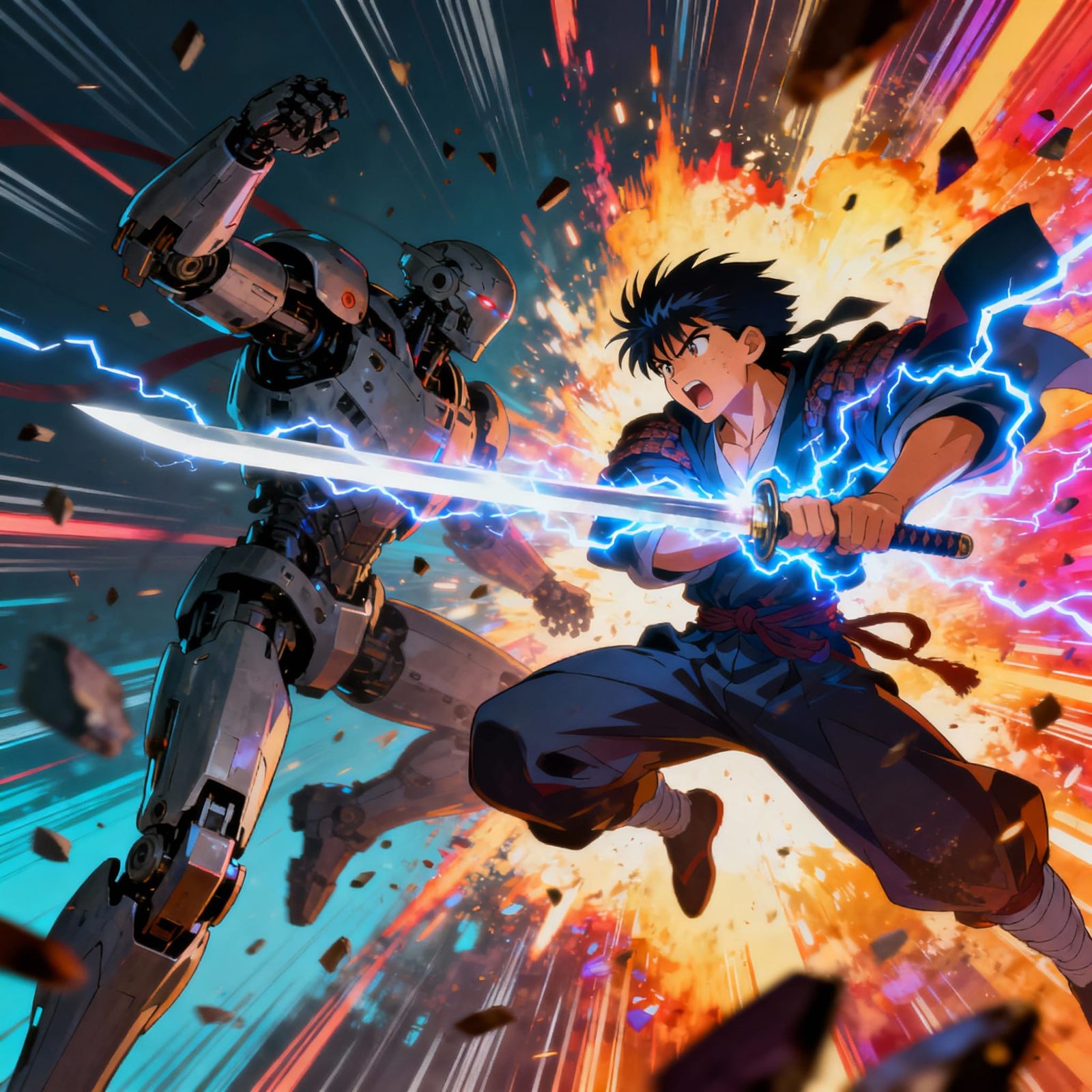 Anime Warrior Battles Robot in High-Energy Clash