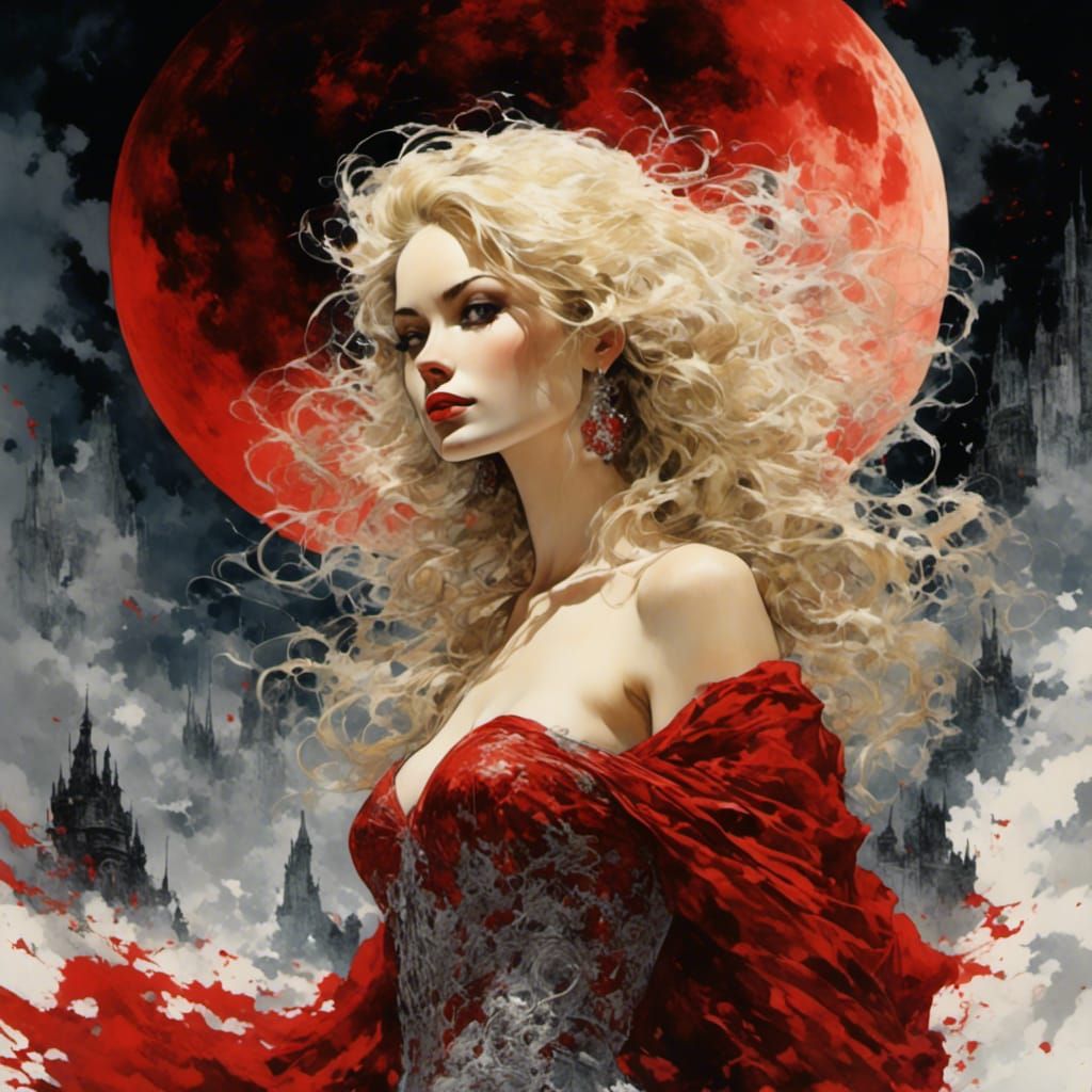 Elegant Blonde Woman in Red Gown Illustration