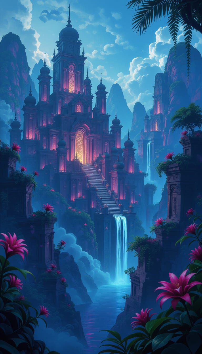 Fantasy Landscape Matte Painting with Glowing Ruins