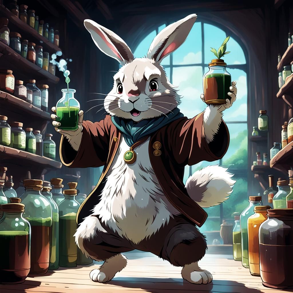 Studio Ghibli Style Rabbit Alchemist Throwing Potions
