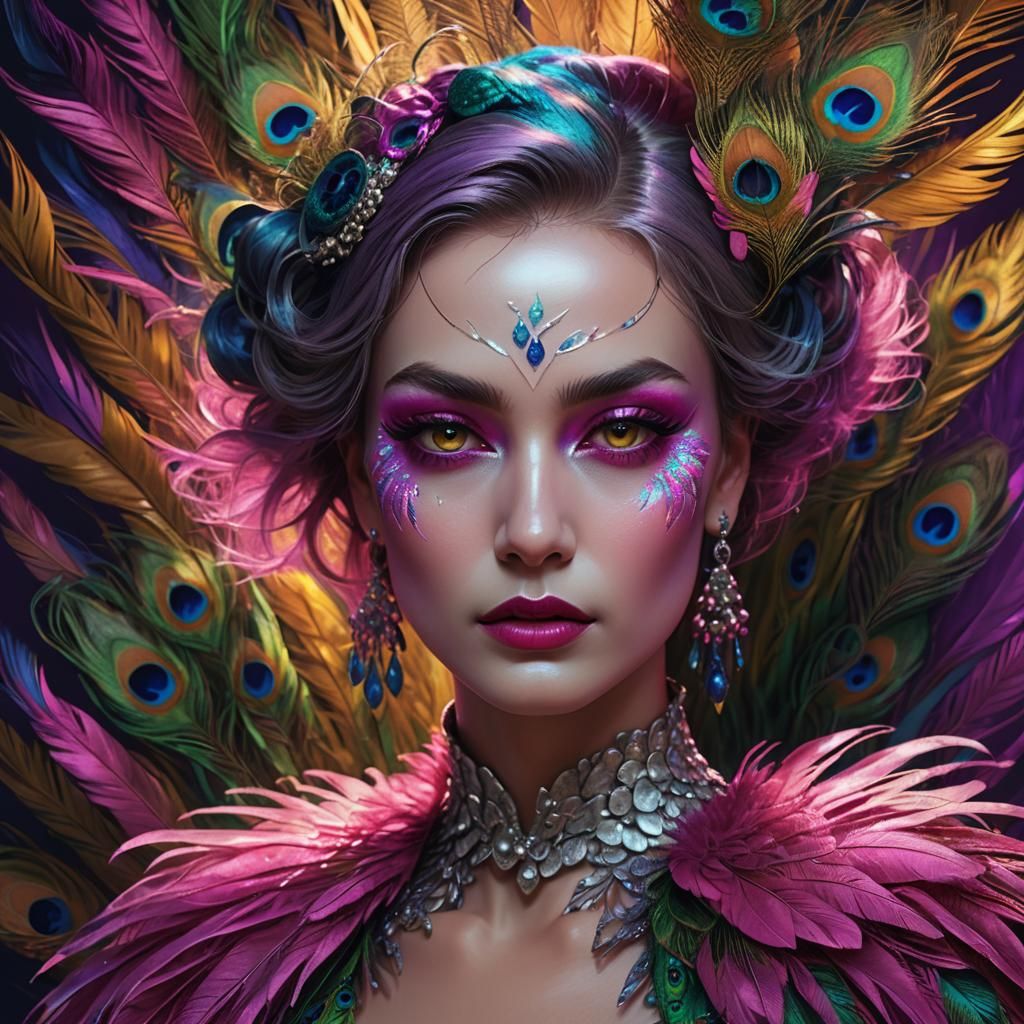 Fantasy Woman Portrait with Peacock Feathers in Hyper-Realis...