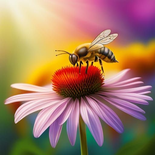 Hyperrealistic Bee in a Colorful Flower Garden