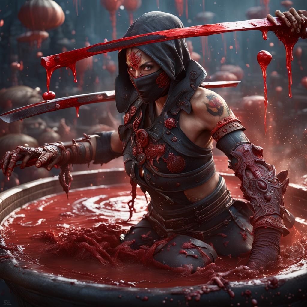 Ninja Empress Bathing: Detailed Fantasy Concept Art