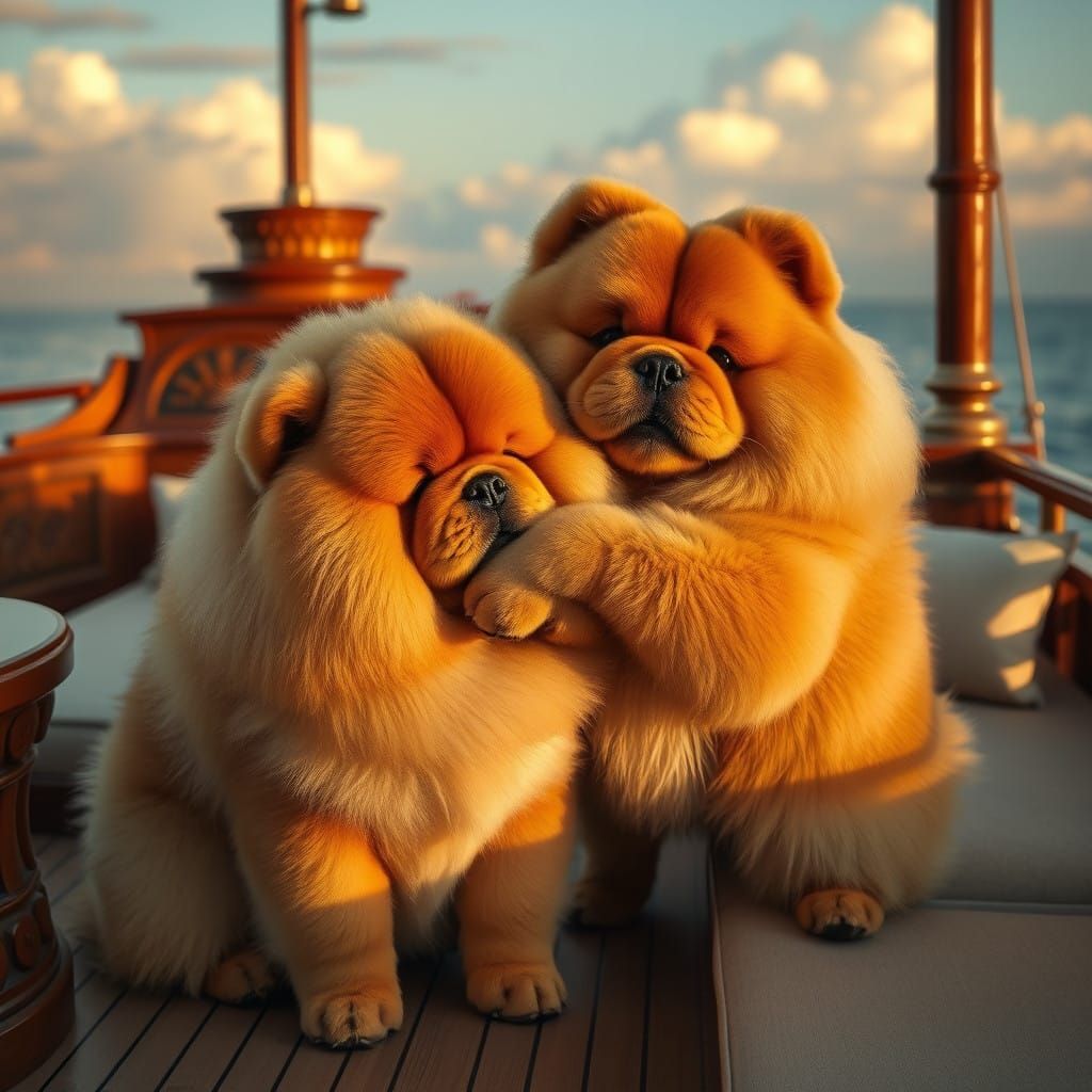 Chow Chow Friends Relax on a Vintage Yacht in a Dreamy Seasc...